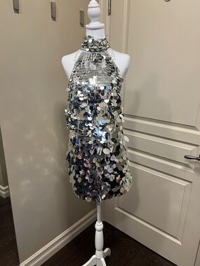 Fashion Nova Silver Sequin Backless Mini Dress